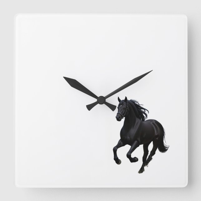 Grräckt gallop: Black Horse Wall Clock" Fyrkantig Klocka (Framsida)