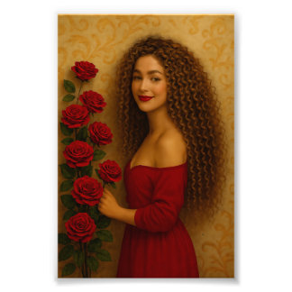 "Grua elegante me fustan të kuq me trëndafila - Po Fototryck