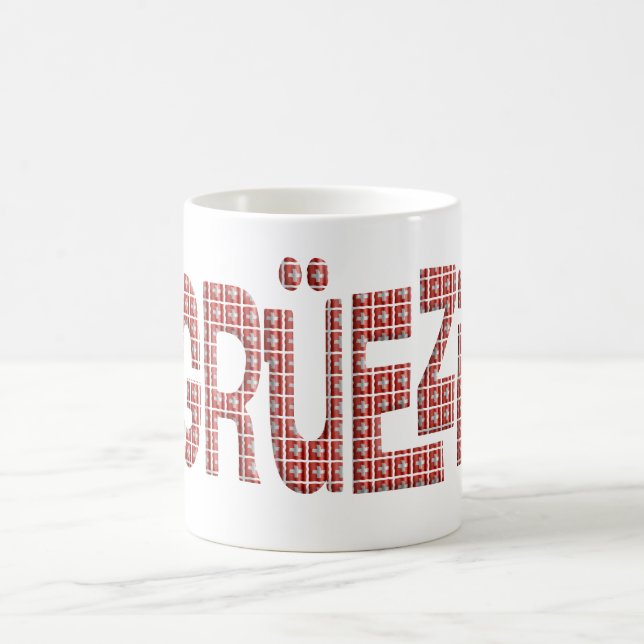 Grüezi med en överlagring av Schweiz flaggor.  Kaffemugg (Center)