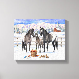 Grulla Grått Appaloosa-hästar på en gård i Snö Canvastryck