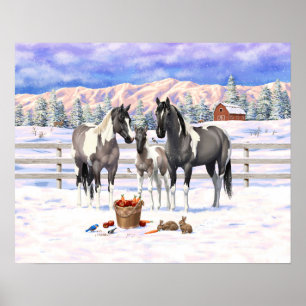 Grulla Pinto Grått Paint Horses on a Winter Farm Poster