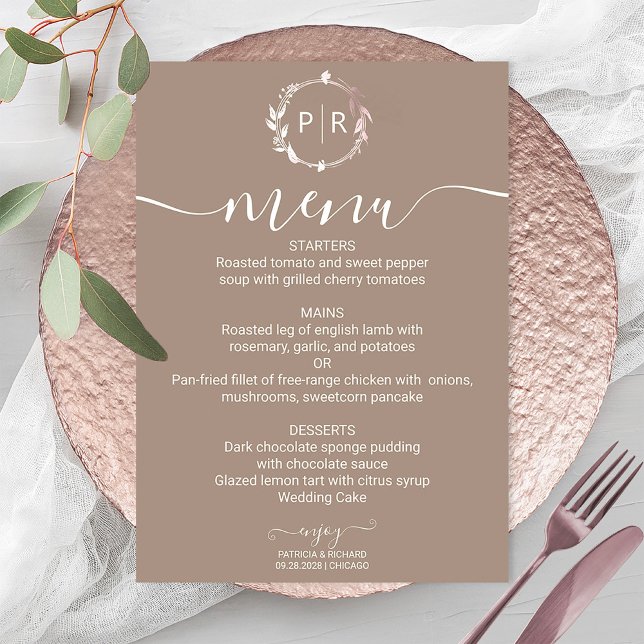 Grullo Monogram Photo Bröllop Menu Card Inbjudningar (Skapare uppladdad)