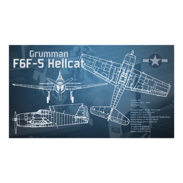 Grumman F6F Hellcat Blueprint Fototryck (Framsidan)