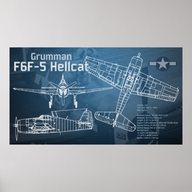 Grumman F6F Hellcat Blueprint Poster (Framsidan)