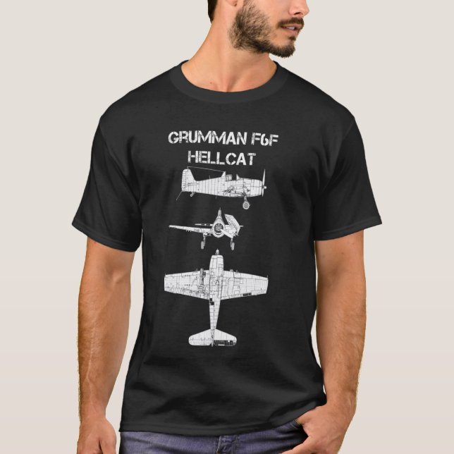 Grumman F6F Hellcat WW2 Flygplanets flygplansskiss T Shirt (Framsida)