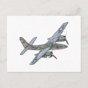 Grumman F7F Tigercat Aircraft Pencil Teckning Vykort