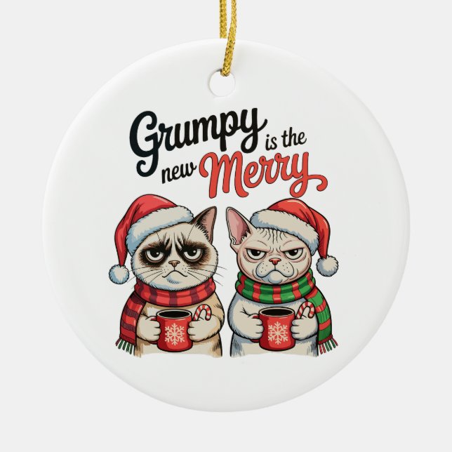 Grumpy är den nya glada julen kattälskare julgransprydnad keramik (Framsidan)