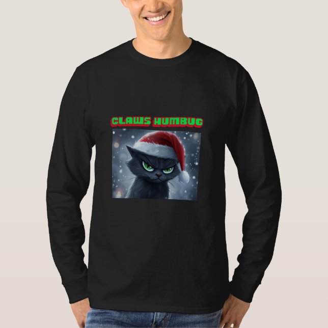 Grumpy Black Cat ‘Claws Humbug’ Christmas T Shirt (Framsida)