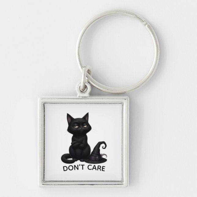 Grumpy Black Cat Halloween  Fyrkantig Silverfärgad Nyckelring (Framsidan)