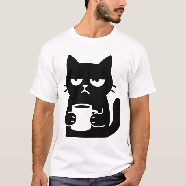 Grumpy Black Cat med Coffee Mugg Funny T Shirt (Framsida)