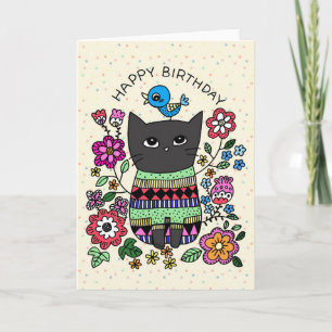 Grumpy Black Cat med liten blåfågelfödelsedag Kort