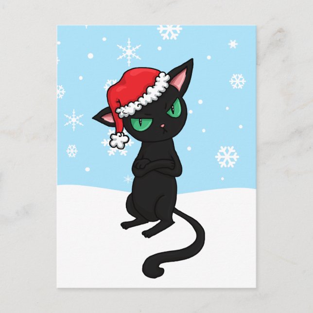 Grumpy Black Cat med Santa Hat Helg Vykort (Framsida)