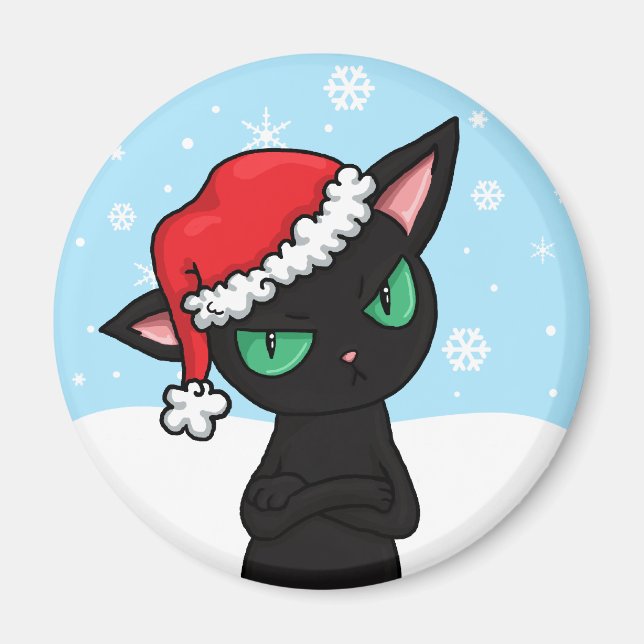 Grumpy Black Cat med Santa Hat Magnet (Framsidan)