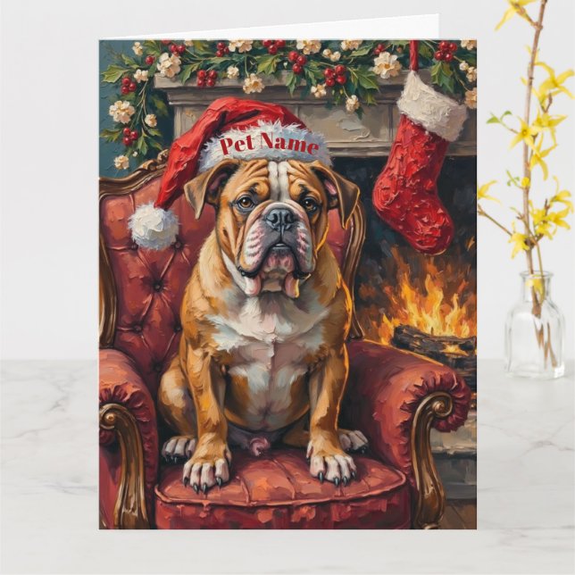Grumpy Bulldog Julhatt på sammetsstol Kort (Gul blomma)