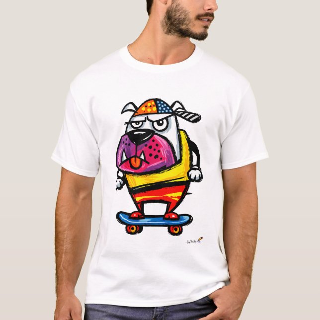 Grumpy Bulldog on Skateboard Cartoon T-Shirt (Framsida)