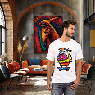 Grumpy Bulldog på Skateboard Tecknad T-Shirt