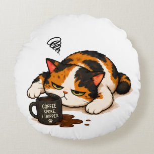 Grumpy Calico Katt - Kaffe talade Rund Kudde
