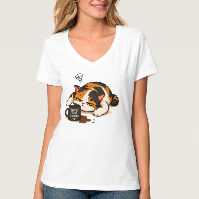 Grumpy Calico Katt - Kaffe talade T Shirt (Framsida)