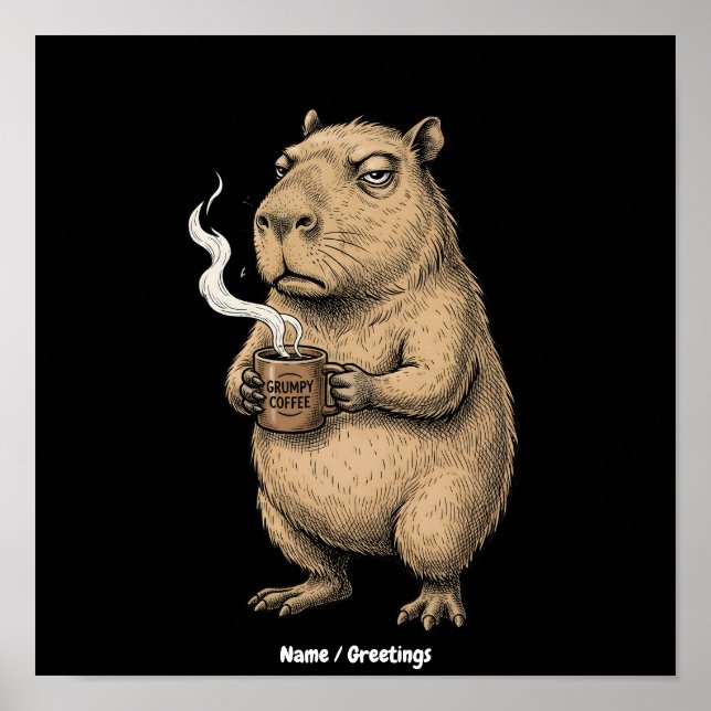 Grumpy Capybara Kaffe Vintage Bläck Skiss  Poster (Framsidan)