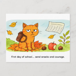 Grumpy Cartoon Cat Starting School in Autumn Vykort