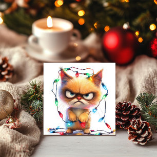 Grumpy Cat i röra med julgransbelysning Julkort