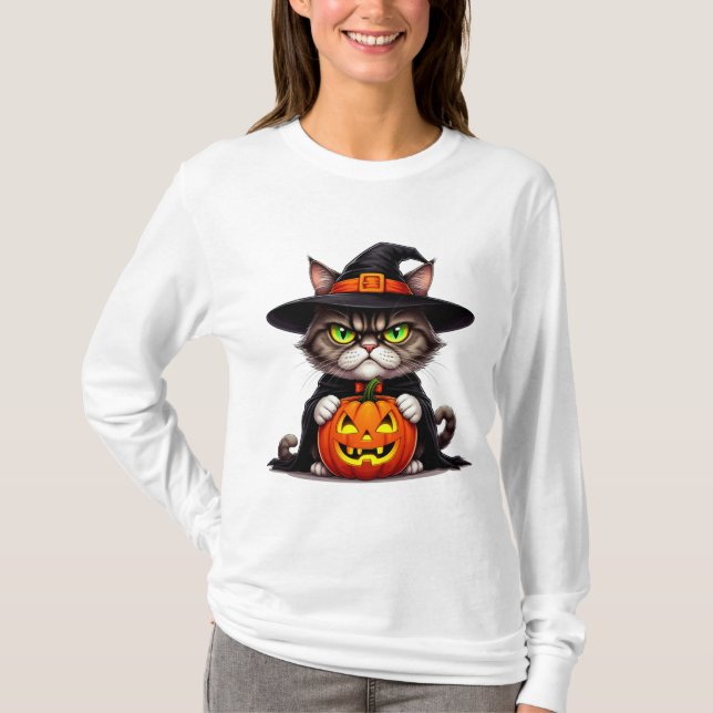Grumpy Cat i trollkarlskostym med pumpa 🎃 T Shirt (Framsida)