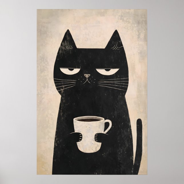 Grumpy Cat Kaffeaffisch, Minimalistisk Svart Konst Poster (Framsidan)
