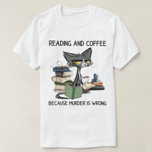 Grumpy Cat Läsning och Kaffe T Shirt (Design framsida)