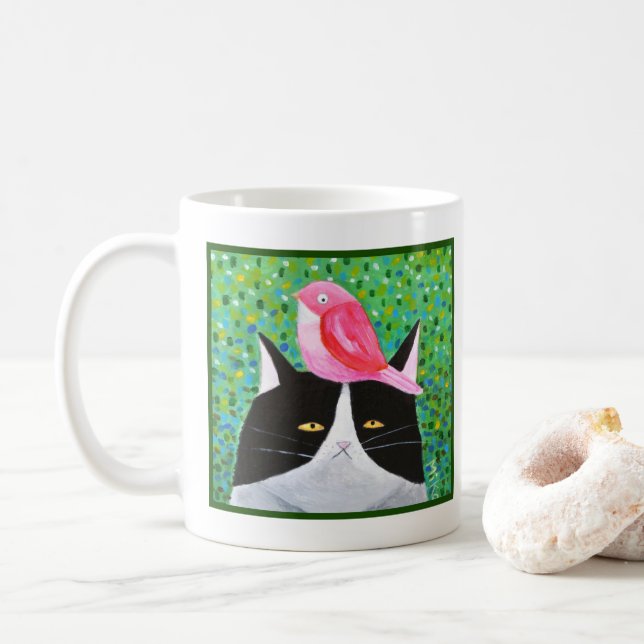 Grumpy Cat med röd liten fågel Funny Cat Lover Kaffemugg (Med munk)