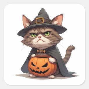 Grumpy Cat Och Jack O Lantern Vän Halloween 🎃 Fyrkantigt Klistermärke