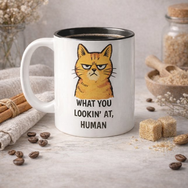 Grumpy Cat –“Vad tittar du på, människa” Roligt Två-Tonad Mugg (Skapare uppladdad)