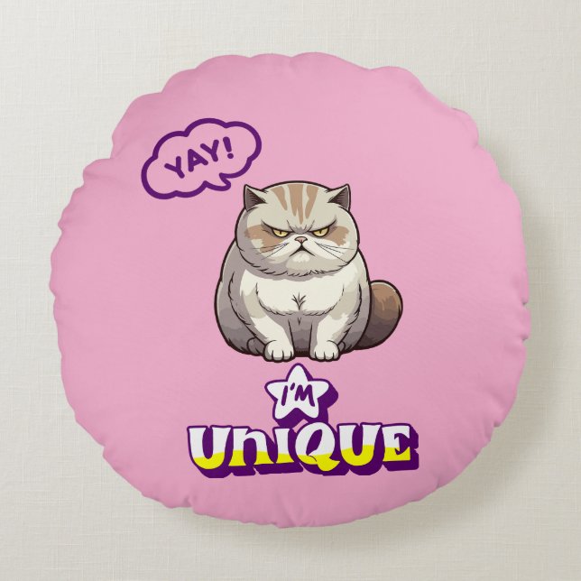 Grumpy Cat "YAY! Jag är unik" Rolig  Rund Kudde (Framsidan)