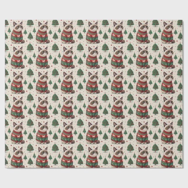 Grumpy Christmas Cat in Ugly Sweater Presentpapper (Platt)