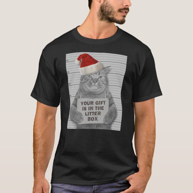 Grumpy Christmas Cat Mugshot Litter Box T Shirt (Framsida)