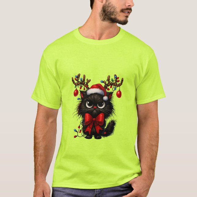 Grumpy Christmas Cat with Santa Hat and Antlers T Shirt (Framsida)