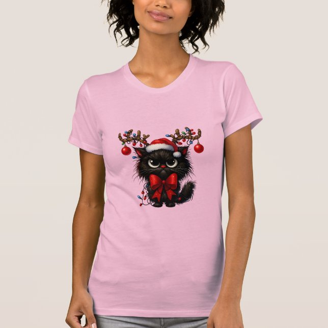 Grumpy Christmas Cat with Santa Hat and Antlers T Shirt (Framsida)