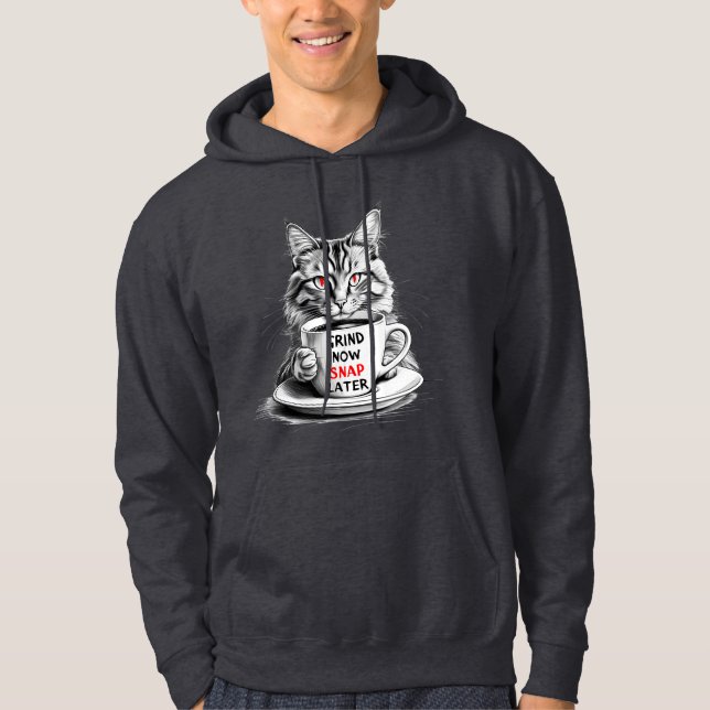 Grumpy Coffee Cat Hoodie med fet koffeincitat (Framsida)