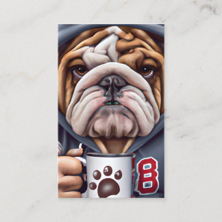 Grumpy English Bulldog in Hoody Holding Visitkort