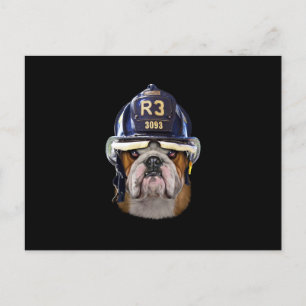 Grumpy English Bulldog Wearing Firefighter Helmet Helg Vykort