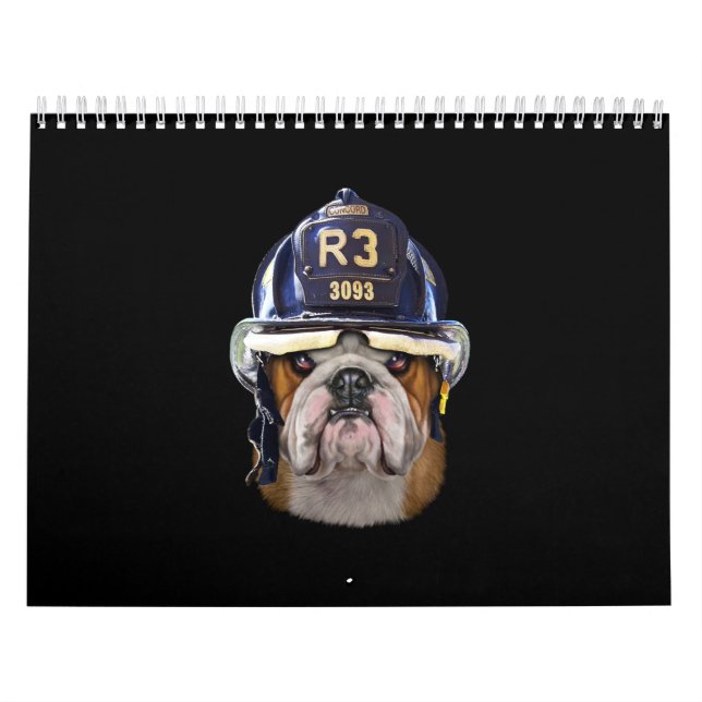 Grumpy English Bulldog Wearing Firefighter Helmet Kalender (Omslag)