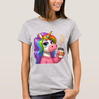 Grumpy Enhörning Behöver Kaffe Tecknad Film T Shirt