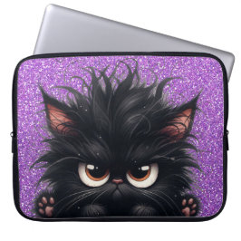 GRUMPY FLUFFY LITTLE BLACK KITTEN LAPTOP FODRAL