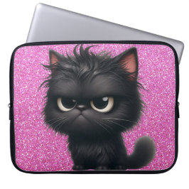 GRUMPY FLUFFY LITTLE BLACK KITTEN LAPTOP FODRAL