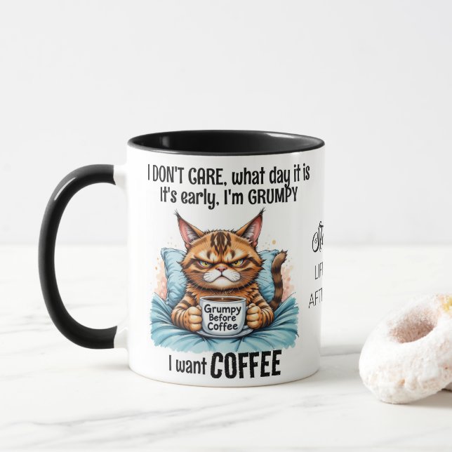 Grumpy Funny Cat Drinking Coffee Quote Mugg (Med munk)