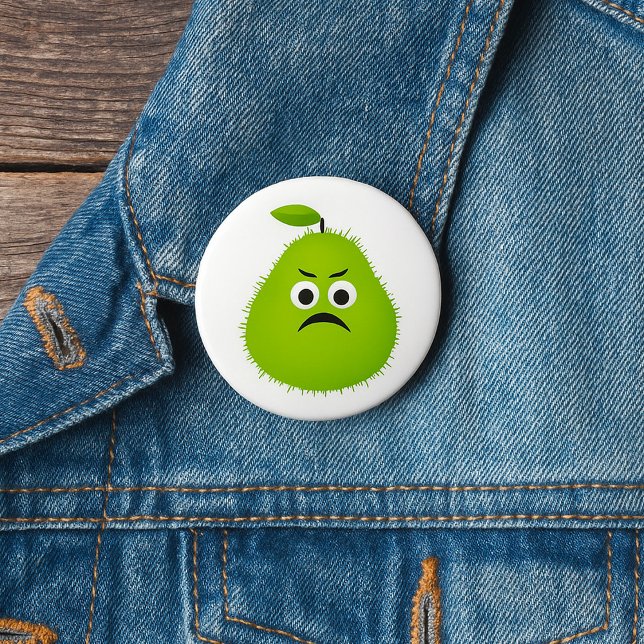Grumpy Fuzzy Pear Ansikte Funny Fruit Character Knapp (Skapare uppladdad)