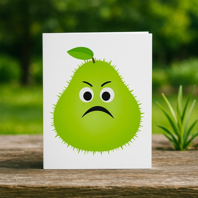 Grumpy Fuzzy Pear Ansikte Funny Fruit Character Kort (Skapare uppladdad)