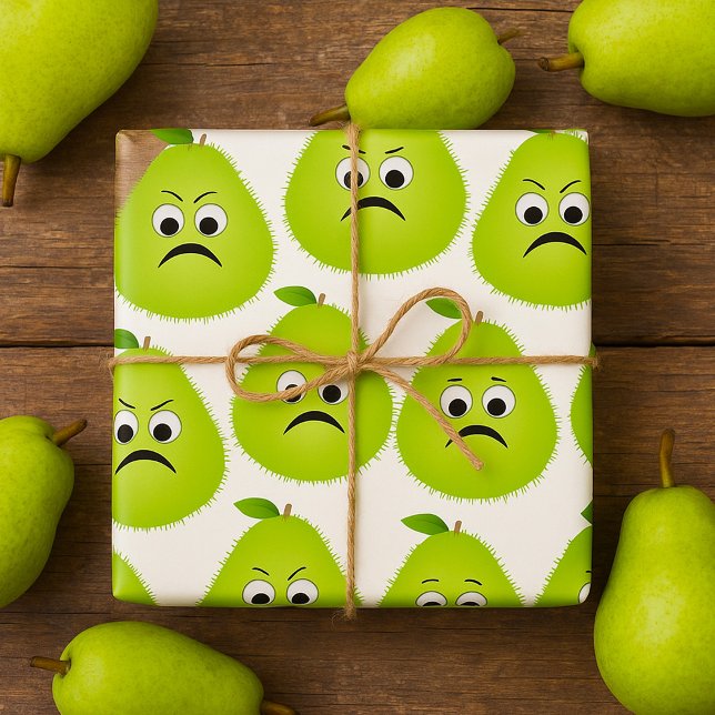 Grumpy Fuzzy Pear Ansikte Funny Fruit Character Presentpapper (Skapare uppladdad)