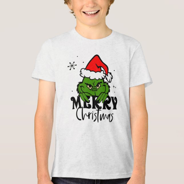 Grumpy Green Christmas Character in Santa Hat T Shirt (Framsida)