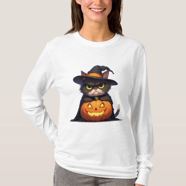 Grumpy Häxa Katt Och Jack O Lantern Halloween 🦇 T Shirt (Framsida)