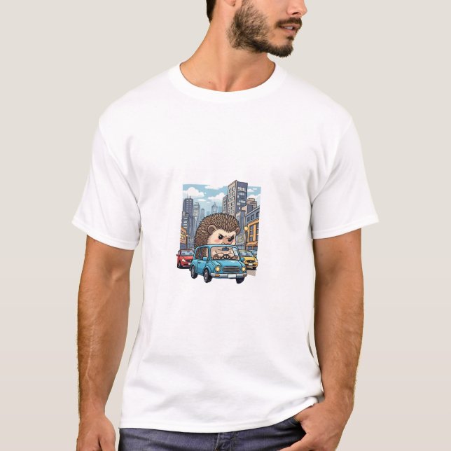 Grumpy Hedgehog Road Rage Driving Blue Car in City T Shirt (Framsida)